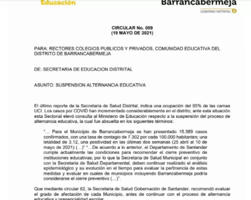 ¡Suspensión preventiva de clases presenciales en instituciones educativas oficiales y no oficiales de Barrancabermeja!