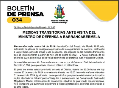MEDIDAS TRANSITORIAS ANTE VISITA DEL MINISTRO DE DEFENSA A BARRANCABERMEJA